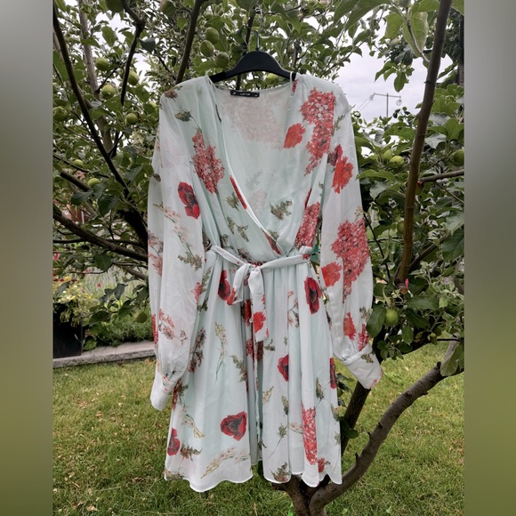 JF LEFON Mint Green Floral Long Sleeve Faux Wrap Belted Mini Dress, Sz L - Picture 3 of 16